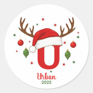 Sticker Rond Monogramme de Noël personnalisé U Chapeau de Père