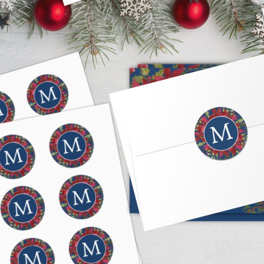 Sticker Rond Monogramme de Noël Poinsettia Botanique Élégant