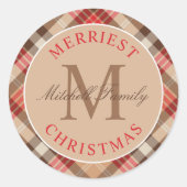 Sticker Rond Monogramme de Noël Tan Rouge Rustique (Devant)