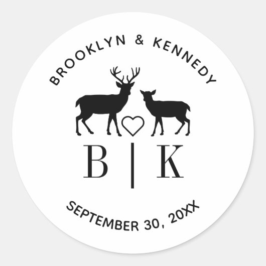 Sticker Rond Monogramme de nom de couple Cerf Mariage rustique (Devant)
