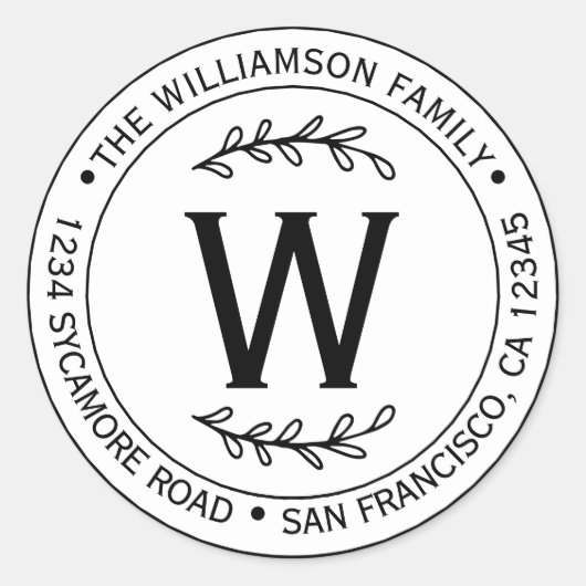 Sticker Rond Monogramme de nom de famille simple moderne Adress (Devant)