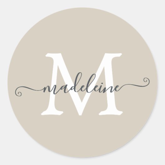 Sticker Rond Monogramme de nom de script personnalisé beige cha (Devant)