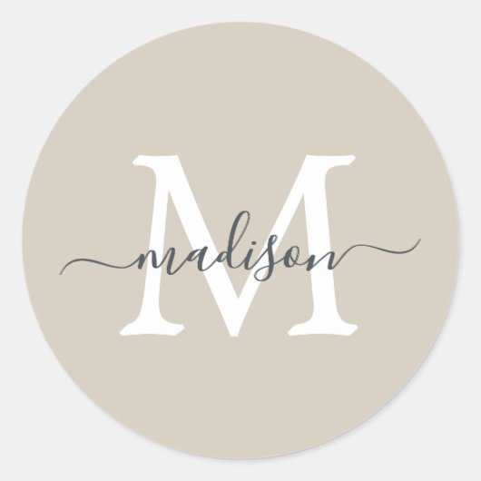 Sticker Rond Monogramme de nom de script personnalisé beige cha (Devant)