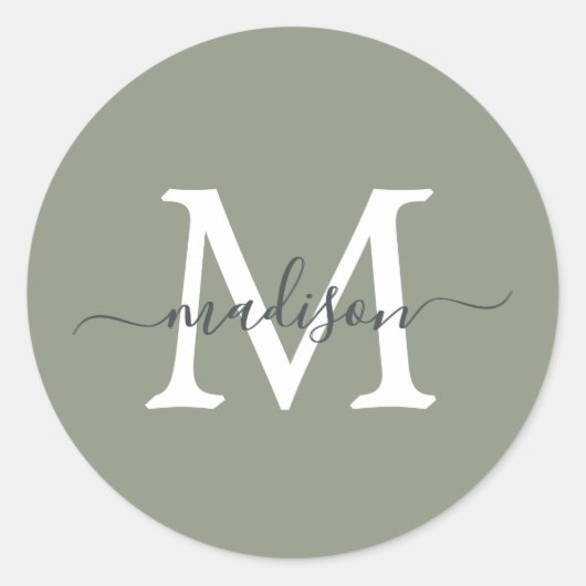 Sticker Rond Monogramme de nom de script personnalisé Vert Saug (Devant)