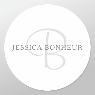 Sticker Rond Monogramme de nom élégant Blanc & Gris