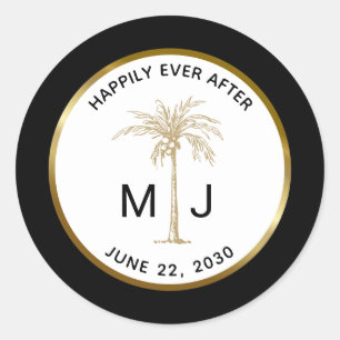 Sticker Rond Monogramme de palmier d'or Mariage tropical