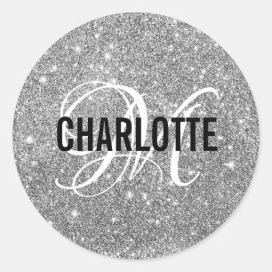 Sticker Rond Monogramme de parties scintillant argentée nom St