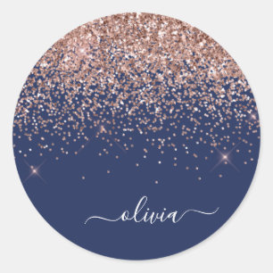 Sticker Rond Monogramme de Parties scintillant bleu marine rose