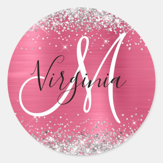 Sticker Rond Monogramme de Parties scintillant en argent rouge  (Devant)