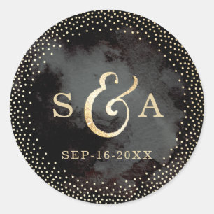 Sticker Rond Monogramme de parties scintillant en or noir glam