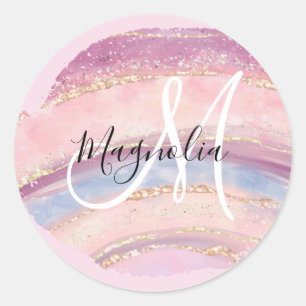 Sticker Rond Monogramme de pinceau bleu glam or rose