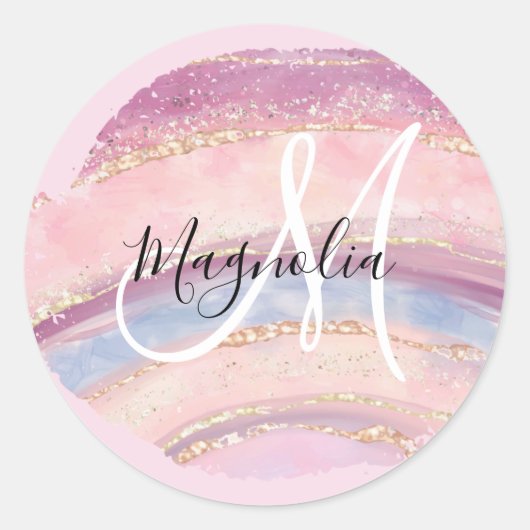 Sticker Rond Monogramme de pinceau bleu glam or rose (Devant)