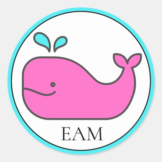 Sticker Rond Monogramme de Preppy Nautical Pink et Aqua Whale (Devant)