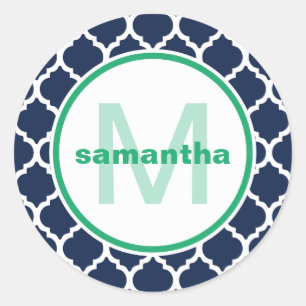 Sticker Rond Monogramme de Quatrefoil bleu et vert
