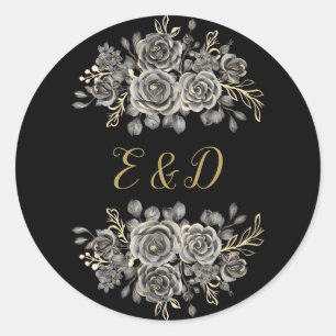 Sticker Rond Monogramme de roses florales gothiques noir et or