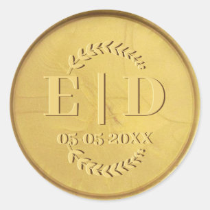 Sticker Rond Monogramme de Sceau d'or Date Feuilles botaniques