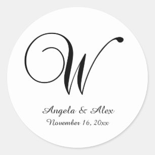 Sticker Rond Monogramme de script décoratif noir sur blanc W