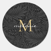 Sticker Rond Monogramme de script floral noir élégant or (Devant)