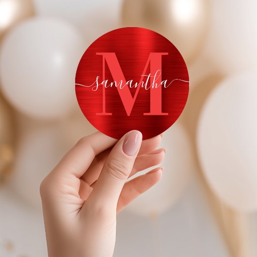 Sticker Rond Monogramme de signature en feuille rouge