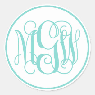 Sticker Rond Monogramme de style Turquoise Blanc et Aqua en écr