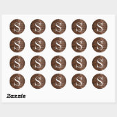 Sticker Rond Monogramme de texture de bois Brown rustique (Feuille)