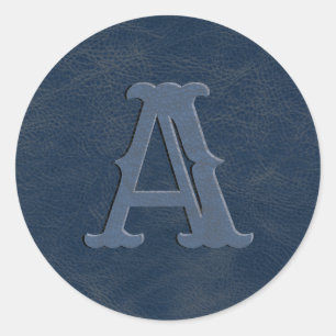Sticker Rond Monogramme de texture en cuir bleu rustique initia