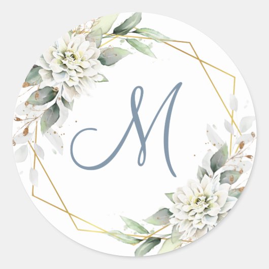 Sticker Rond Monogramme de verdure florale bleue poussiéreuse é (Devant)