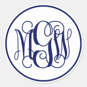 Sticker Rond Monogramme de vigne bleu marine blanc en écriture 