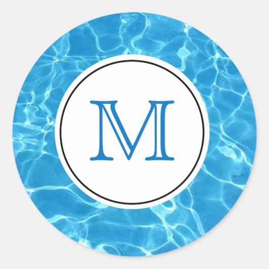 Sticker Rond Monogramme d'eau de piscine bleu étincelant (Devant)
