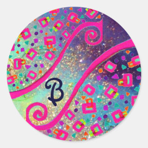 Sticker Rond MONOGRAMME DÉCO ABSTRAIT Fuchsia Blue