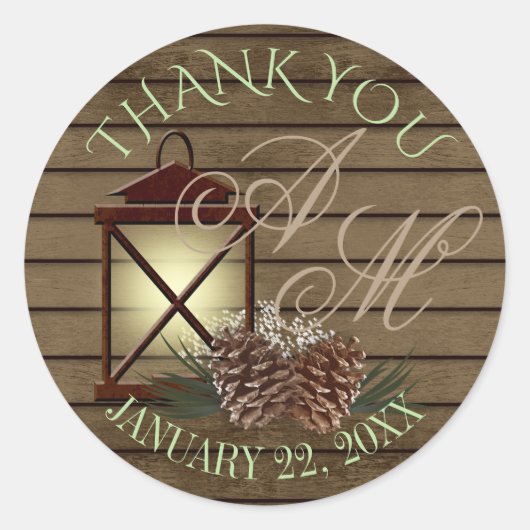 Sticker Rond Monogramme d'hiver rustique de lanterne et de pin (Devant)