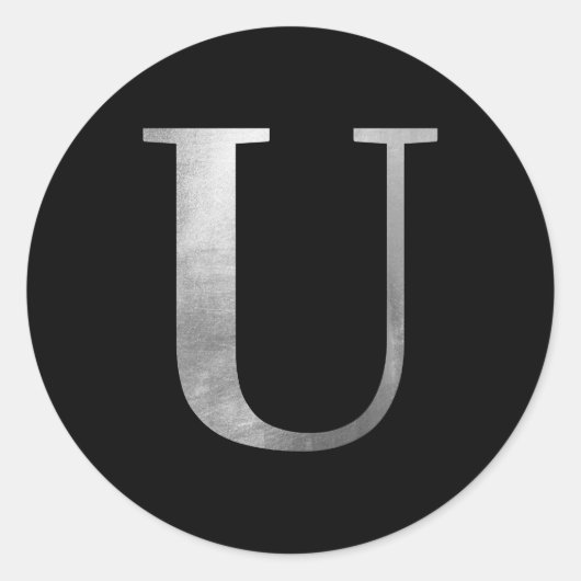 Sticker Rond Monogramme d'huile gris argenté U sur noir (Devant)