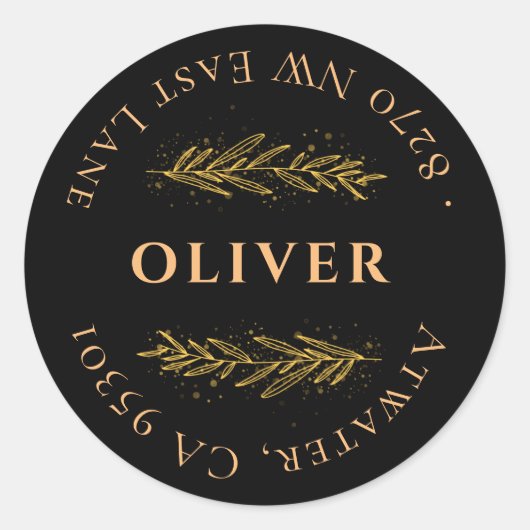 Sticker Rond Monogramme d'or noir Adresse de retour (Devant)