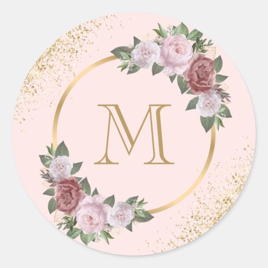 Sticker Rond Monogramme d'or rose Confetti Floral (Devant)