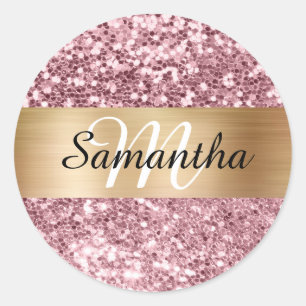 Sticker Rond Monogramme Doré Brillance Rose Pailleté