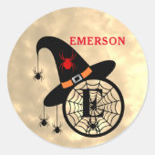 Sticker Rond Monogramme E Halloween Sky Witch Spiders Nom (Devant)