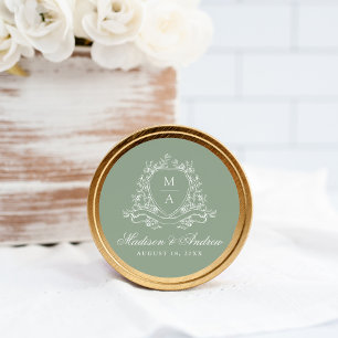 Sticker Rond Monogramme élégant à armoiries florales Vert sauge
