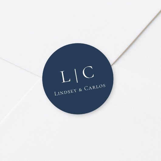 Sticker Rond Monogramme Élégant de Mariage Bleu Nuit