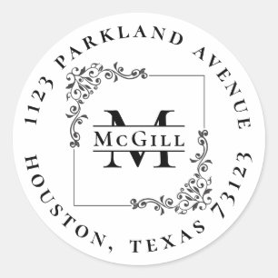 Sticker Rond Monogramme élégant et nom de famille Rond Adress