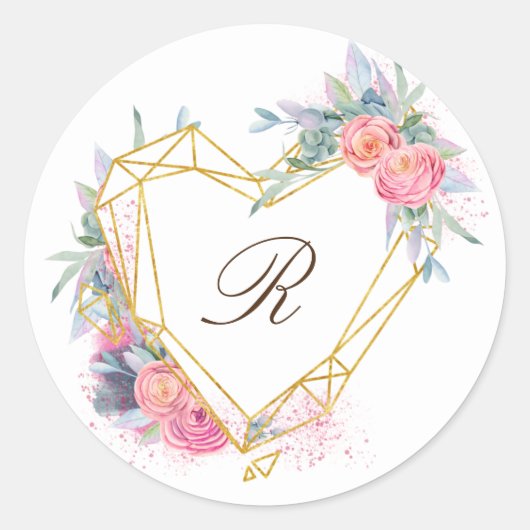 Sticker Rond monogramme élégant floral rose coeur doré (Devant)