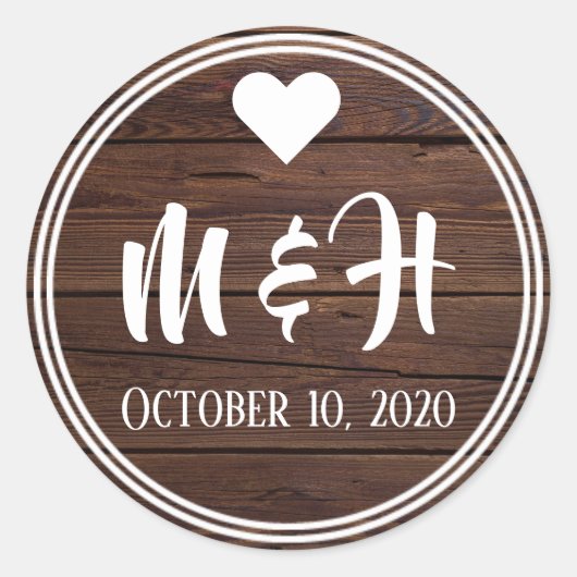 Sticker Rond Monogramme en bois rustique Date Enveloppe Sceau (Devant)