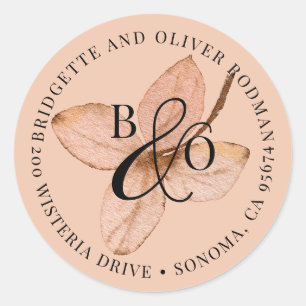 Sticker Rond Monogramme en couple Feuille d'aquarelle rustiqu