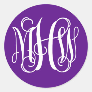 Sticker Rond Monogramme en écriture cursive violet blanc en vin