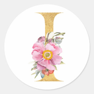 Sticker Rond Monogramme en or lettre I avec fleurs