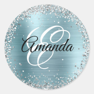Sticker Rond Monogramme en paillettes argentées et bleu pâle su