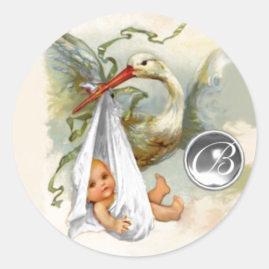 STICKER ROND MONOGRAMME EN PIERRE BLANCHE NEUTRE BABY SHOWER EN (Devant)