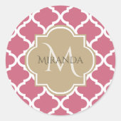 Sticker Rond Monogramme et nom Big Pink Quartrefoil Motif (Devant)
