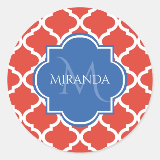 Sticker Rond Monogramme et nom bleu Quatrefoil rouge tendance (Devant)
