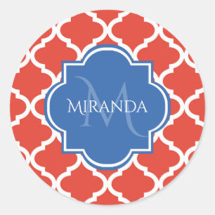 Sticker Rond Monogramme et nom bleu Quatrefoil rouge tendance