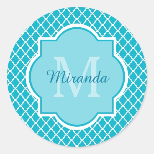 Sticker Rond Monogramme et nom de Quatrefoil bleu turquoise cla (Devant)